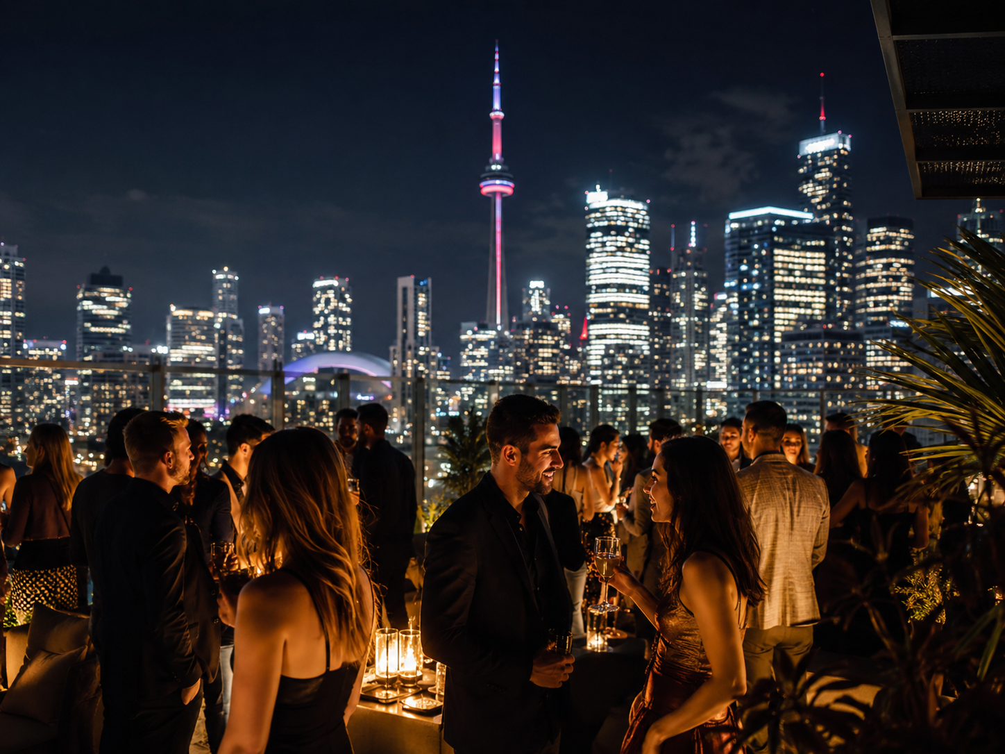 Upscale Toronto rooftop event with skyline views