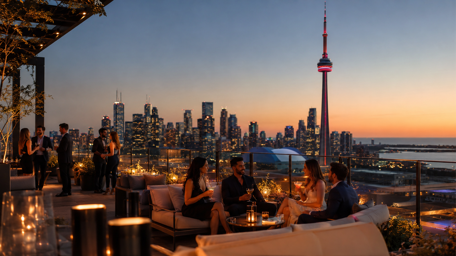 Upscale rooftop lounge overlooking the Toronto skyline at dusk