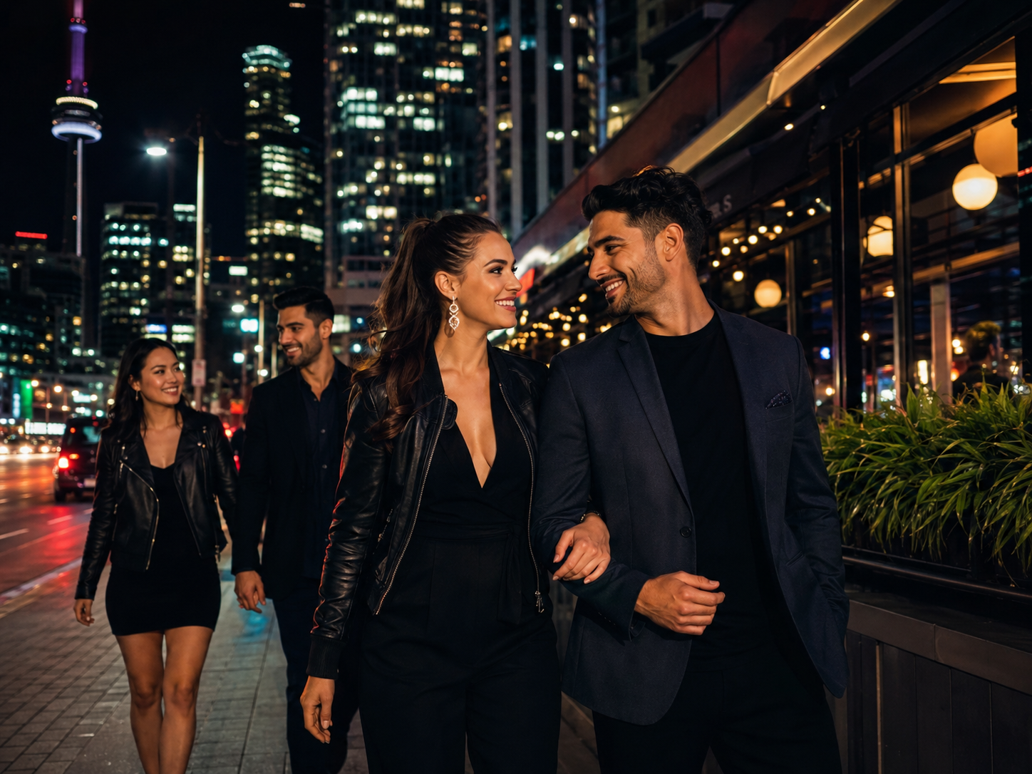 Stylish group walking through a Toronto entertainment district at night