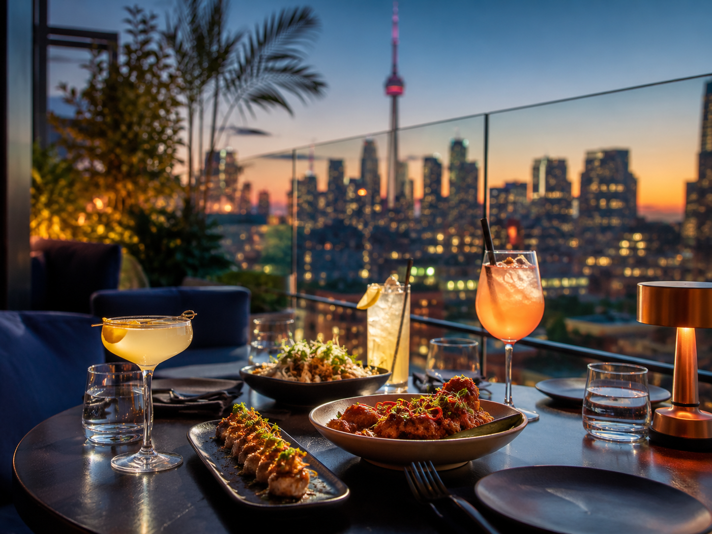 Rooftop dining table with cocktails and Toronto skyline at dusk