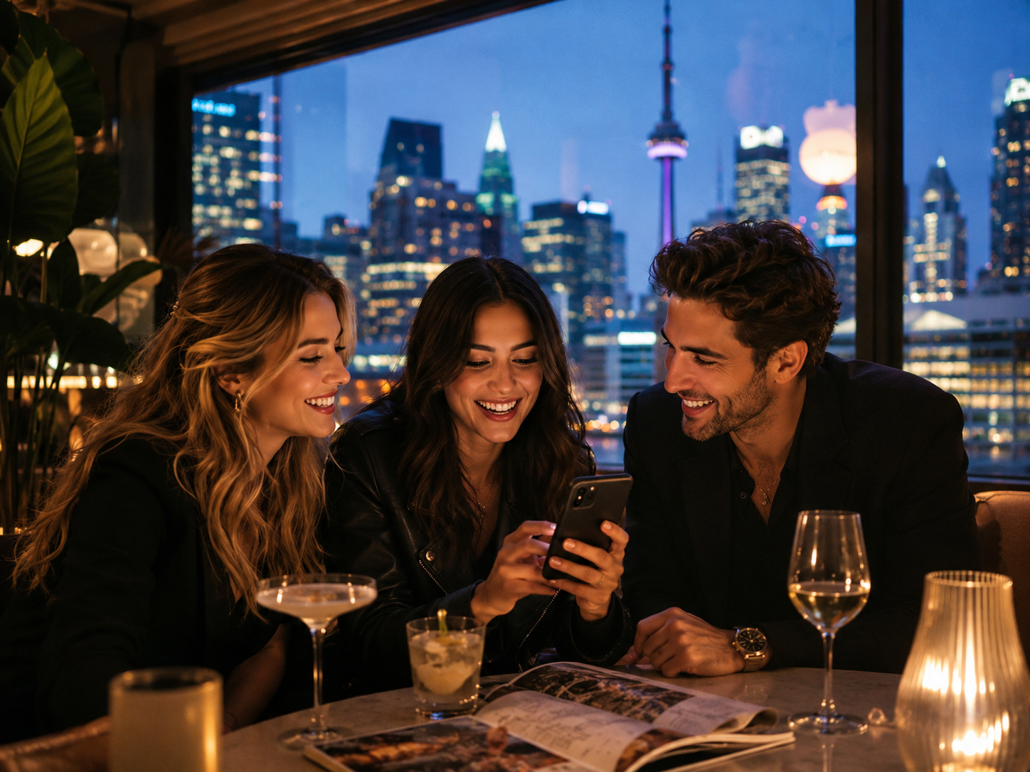 Friends in a Toronto lounge planning a night out